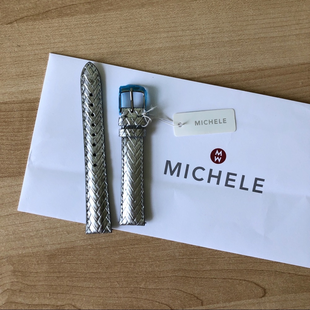 MICHELE 16mm Silver Metallic Braided Leather Strap